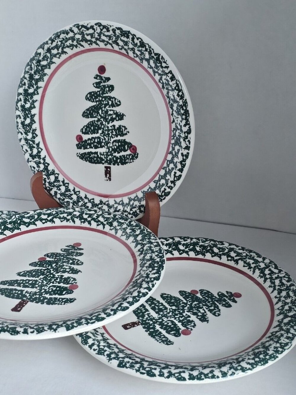 Furio Holiday Christmas Tree Dessert Salad Plates 8" Italy sponge painted handpa - Picture 6 of 14